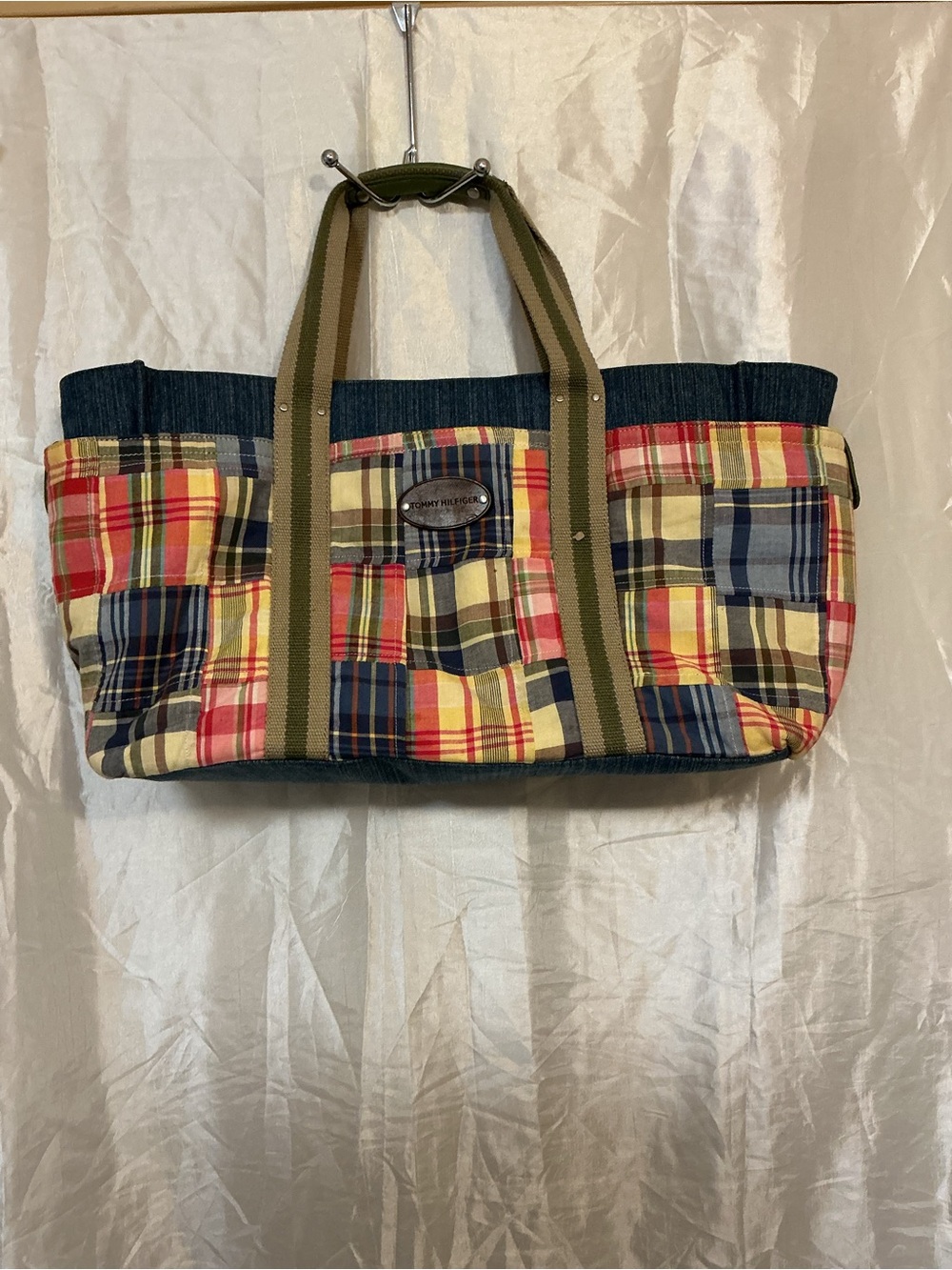 Tommy Hilfiger Multicolor Plaid Tote with Olive Straps